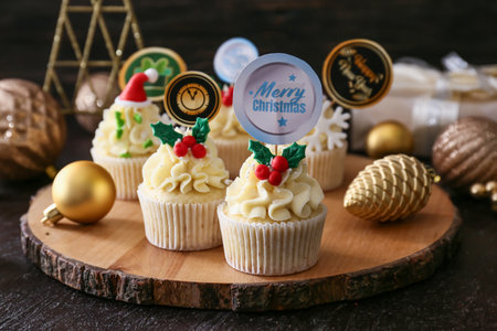 Board with tasty Christmas cupcakes on dark backgroundの写真素材