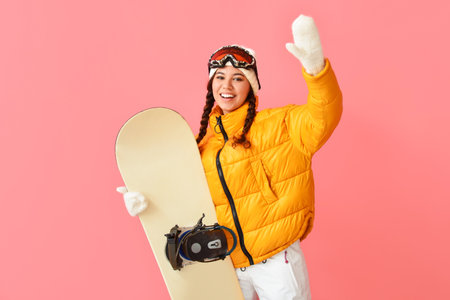 Female snowboarder on color backgroundの写真素材