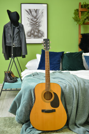 Guitar interior of stylish bedroom