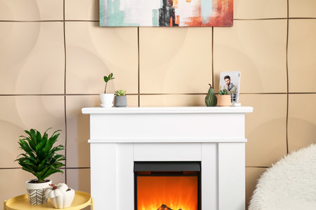 modern fireplace with decoration in roomの写真素材