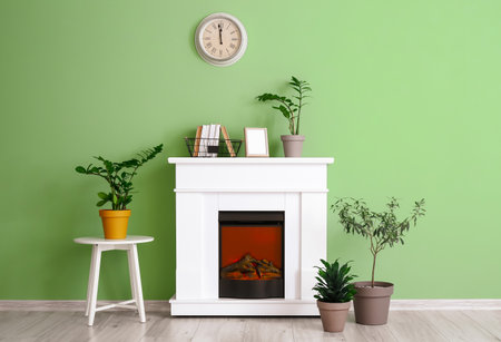 Interior of modern room with fireplaceの写真素材