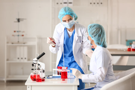 Scientists working with sample in laboratoryの写真素材