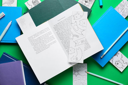 Cute bookmarks with books on color backgroundの写真素材