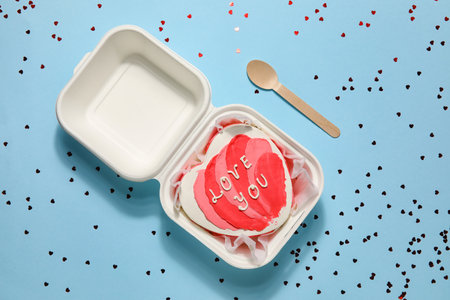 Plastic lunch box with heart-shaped bento cake and spoon on blue background. Valentine's Day celebrationの写真素材