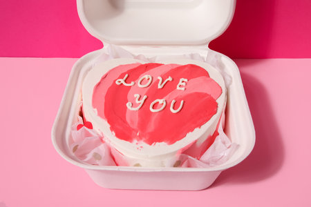 Lunch box with heart-shaped bento cake for Valentine's Day on pink background