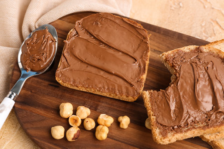 Wooden board of tasty toasts with hazelnut butter and nuts on color background, closeup