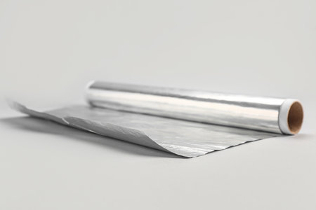 Roll of aluminum foil on gray backgroundの写真素材