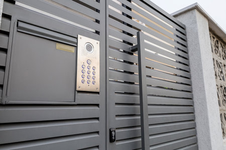 Modern intercom on black fence outdoors, closeupの写真素材