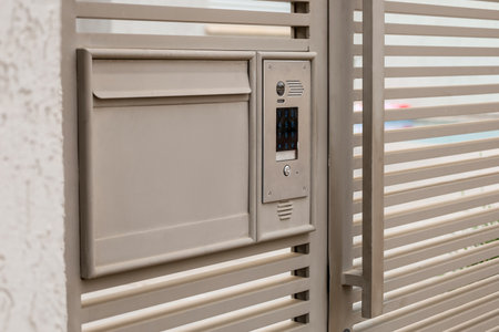 Modern fence with door and intercom outdoorsの写真素材