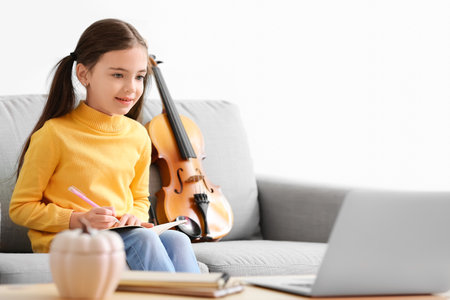 Little girl taking music lessons online at homeの写真素材