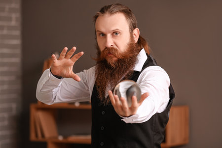 Male fortune teller with crystal ball reading futureの写真素材