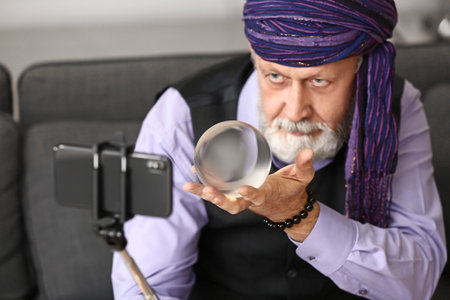 Male fortune teller recording video for blogの写真素材