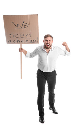 Protesting young man on white background. impeachment concept