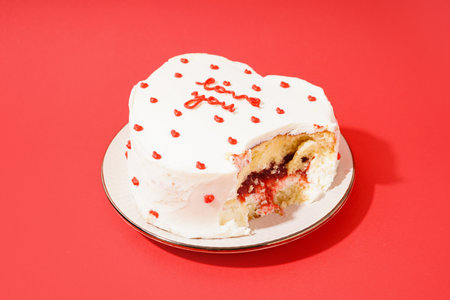 Plate with heart-shaped bento cake on red background. Valentine's Day celebration