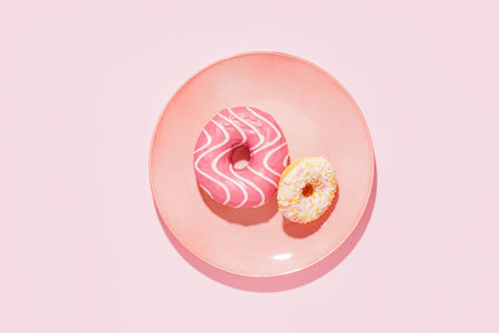 Plate with tasty glazed donuts on pink backgroundの写真素材