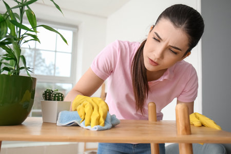 Young woman cleaning table in room