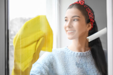 Young woman cleaning window in her flatの写真素材