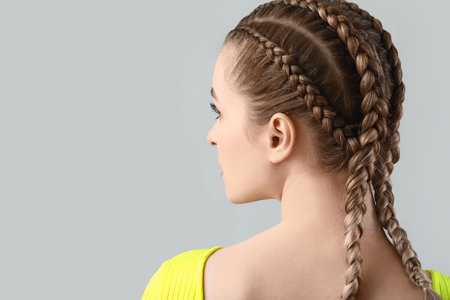 Beautiful young woman with braided hair on gray background