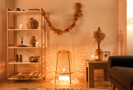 Interior of modern living room with beautiful autumn decorの写真素材
