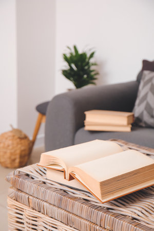 Old books on wooden basket and sofa in interior of room, closeupの写真素材