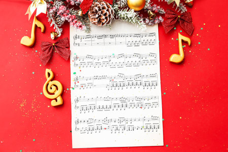 Note sheet and Christmas decor on color backgroundの写真素材
