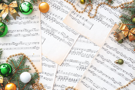 Christmas decor on note sheetsの写真素材