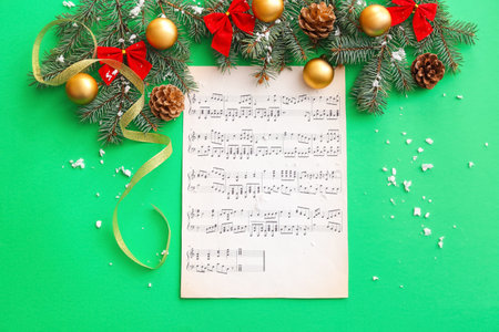 Note sheet and Christmas decor on color backgroundの写真素材