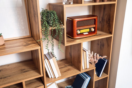 Modern shelf unit with books and retro radio receiver, closeupの写真素材