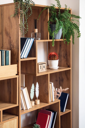 Modern shelf unit with books and decor near light wallの写真素材