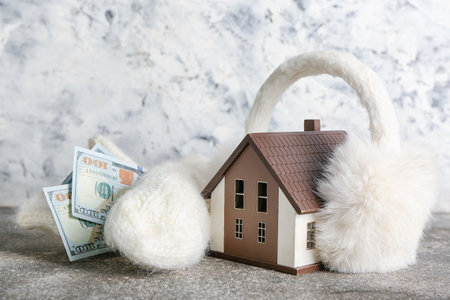 Figure of house, money and warm clothes on gray background. Concept of heating seasonの写真素材