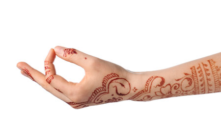Beautiful female hand with henna tattoo on white backgroundの写真素材