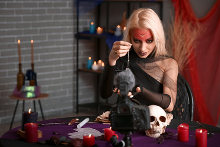 Female fortune teller recording video for blogの写真素材