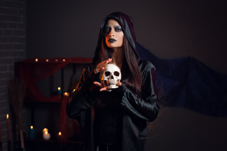 Witch performing black magic ritualの写真素材