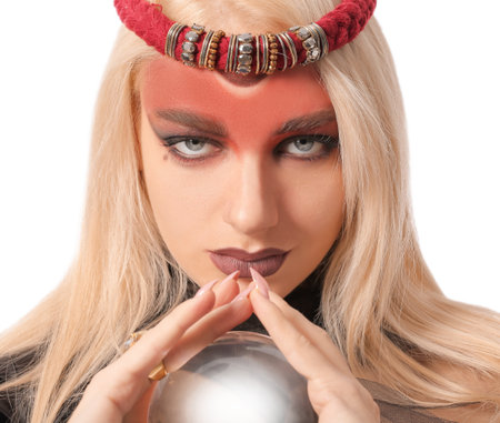 Fortune teller with crystal ball on white backgroundの写真素材