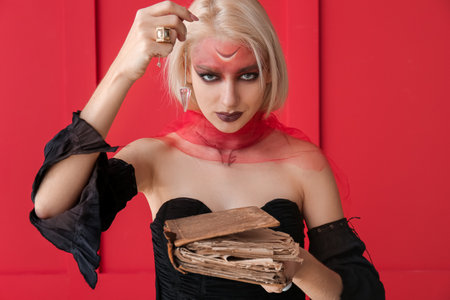 Evil young witch with spell book on color backgroundの写真素材