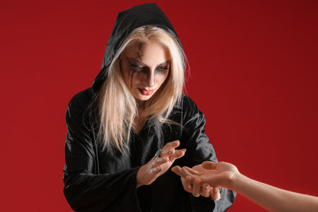 Fortune teller reading client's future by palm against color backgroundの写真素材