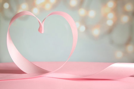 Heart made of pink satin ribbon on table against blurred lightsの写真素材