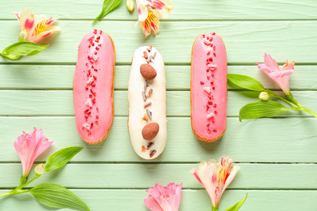 Delicious eclairs and beautiful flowers on green wooden background