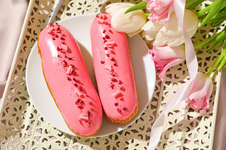 Tray with delicious eclairs and flowers on light background