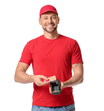 Courier with payment terminal and credit card on white background