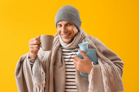 Frozen young man with hot water bottle, cup of tea and plaid on yellow backgroundの写真素材