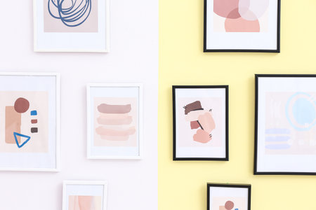 beautiful pictures hanging on color wallの写真素材