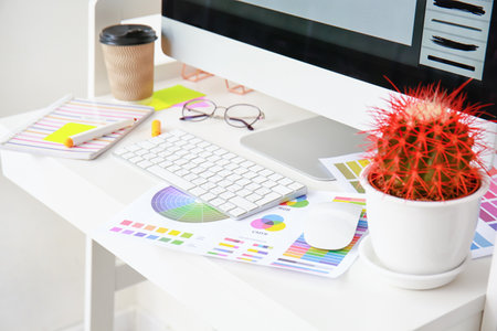 Comfortable workplace of graphic designer in officeの写真素材
