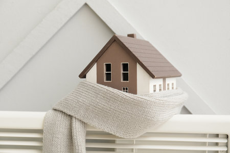 Figure of house and scarf on radiator. Concept of heating seasonの写真素材