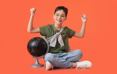 Happy little boy with globe on color backgroundの写真素材