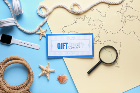 Composition with travel gift voucher on color backgroundの写真素材