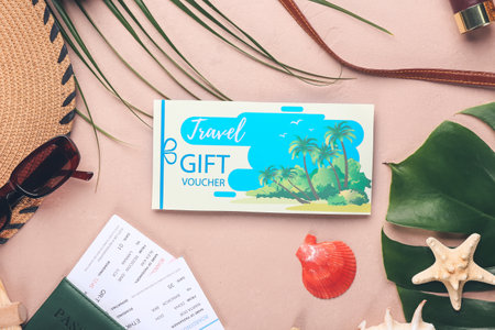 Set of travel accessories and gift voucher on color backgroundの写真素材
