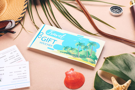 Set of travel accessories and gift voucher on color backgroundの写真素材