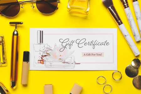 Gift certificate, decorative cosmetics and female accessories on color background