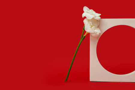 Podium with beautiful flowers on red background. hello spring